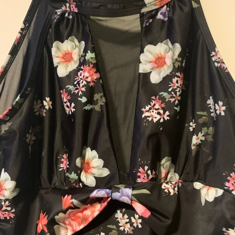 Swimsuit Women's Large black w floral design Mesh, waist tie halter neckline